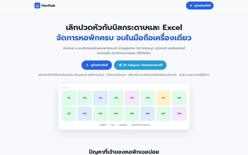 หน้าเว็บ HorHub ระบบจัดการหอพัก แสดงผังห้อง